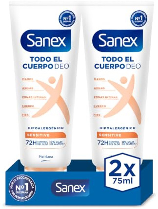 Sanex Crema Todo el Cuerpo Deo Frescor Total 75ml, Desodorante para Manos, Pies, Axilas, Cuerpo y Zonas Íntimas, Protección 72H contra Olor Clínicamente Probada, Hipoalergénico (Paquete de 2)