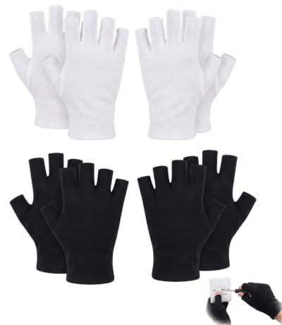 BTACGWP Guantes de algodón sin dedos, 4 pares (2 blancos + 2 negros) para cuidado dermatológico de manos, protección UV en uñas gel, piel seca y spa.