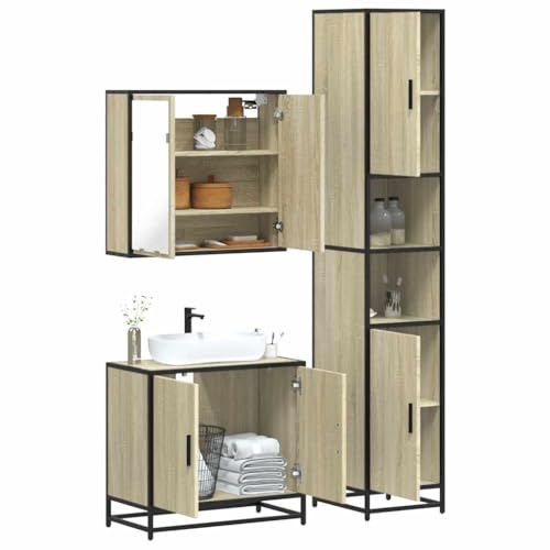 HengCaDa Sonoma Oak 3-Piece Bathroom Furniture Set with Washbasin, Vanity Unit, Mirror Cabinet, Tall Cabinet, Storage Space, Wall Mounted for Bathroom and Guest Toilet