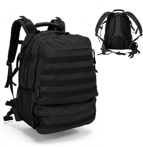 Bordlite 25L Military Tactical Backpack, Heavy Duty MOLLE Rucksack with Padded Shoulder Straps, Waist Belt, Multiple Compartments for Hiking, Camping, Travel, Gym & Work, Black