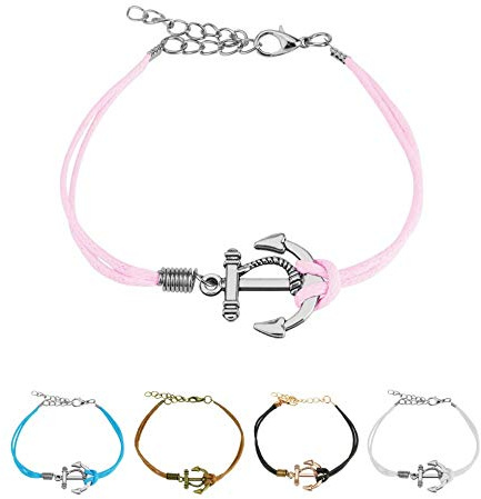 Treuheld® | Armband aus Leder mit Anker - 5 Farben - Schwarz, Weiß, Pink, Blau oder Braun - Silberner oder Goldener Anchor - Freundschaftsarmband für Damen und Herren - Cooles maritimes Accessoire