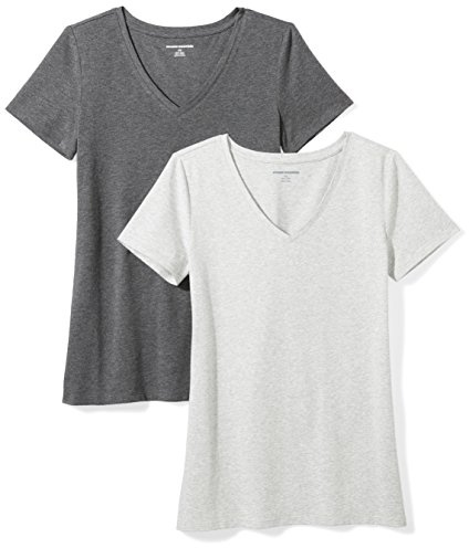 Amazon Essentials Women's 2-Pack Short-Sleeve V-Neck Solid T-Shirt Shirt, -charcoal heather/light grey heather, Large