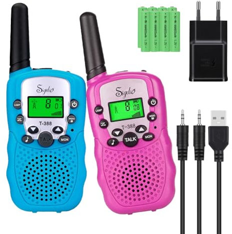 Sigdio T-388 Talkie Walkies pour Enfants PMR 446 Talkies Walkies avec Batteries Rechargeable et Chargeur Talky Walky Enfants VOX 8 Canaux 0,5W (Bleu et Rose)