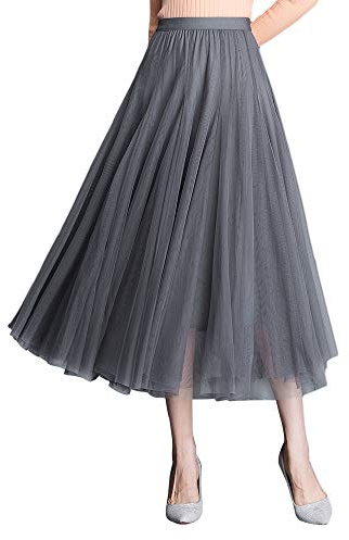 ANIMQUE Femme Jupes Longue Tulle Midi Jupe Taille Haute Plissé Elastique Taille Princesse Élégante Fête Mariage Jupe 78cm de Longueur, Gris
