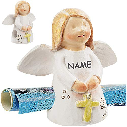 alles-meine.de GmbH Deko Figur - Engel/Schutzengel - mit Kreuz - Rosenkranz - inkl. Name - für Geldschein/Gutschein & Glückwünsche & Gedanken - 5,8 cm - aus Stein - Kunstharz..