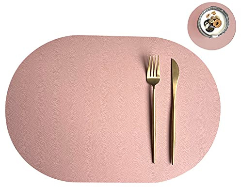 Oval Tischsets Abwischbar, Leder Kunstleder Platzset Zweifarbig Wasserdicht Platzdecken mit Untersetzer ür Hause Küche Restaurant (Rosa/Dunkelgrau,4 Stück)