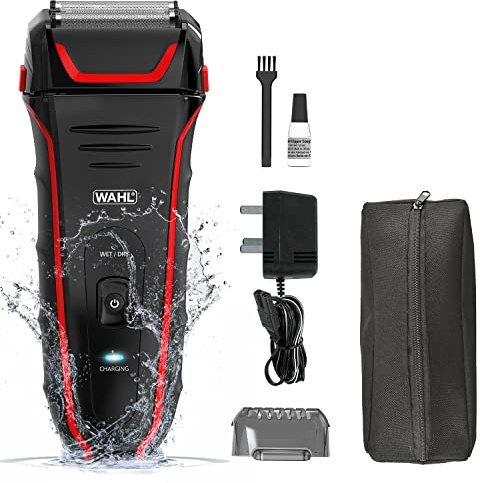 Wahl Clean and Close Plus, Men’s Shaver, Electric Shavers for Men, Beard Shaving, Face Shaver, Flex Foil, Precision Trimmer, Fully Waterproof, Easy Clean, Rubber Grip, Black and Red