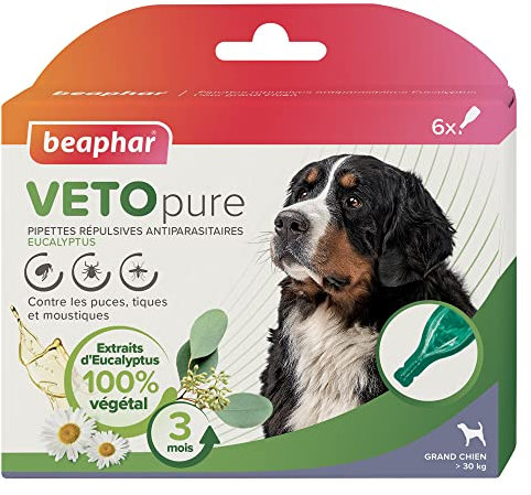 BEAPHAR – VETOPURE – Pipettes répulsives antiparasitaires pour grand chien (>30 kg) – Aux extraits d'Eucalyptus et de Pyrèthre – Contre les puces, tiques et moustiques – Protection 3 mois – 3 pipettes