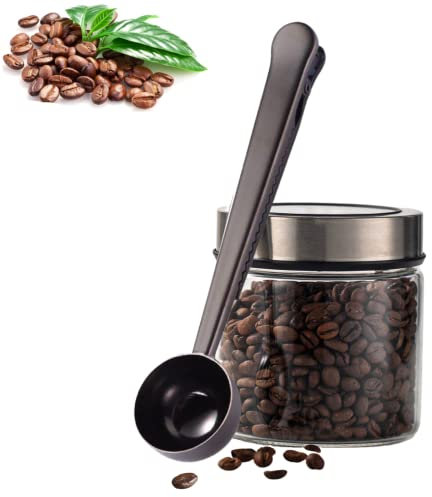 Keepaty 2 in 1 Coffee Scoop and Bag Clip, Stainless Steel Coffee Scoop with Bag Clip, for Ground Coffee and Beans, Black, 6.9Inch/17.5cm