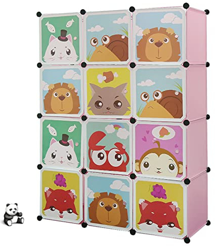 HUOLE bunt Steckregal Kinderzimmer, Tiermotive, Kunststoff Stecksystem, m. Türen, Kleiderschrank, m. Kleiderstange, Standard