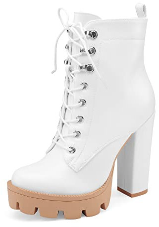 Z.Oufeier Women's Platform Ankle Boots Fashion White Chunky Heel Lug Sole Combat Boots Lace Up High Heeled Booties(6,white pu)