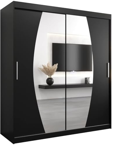 MEBLE KRYSPOL Elypse 180 Schlafzimmerschrank mit Zwei Schiebetüren, Spiegel, Kleiderstange und Regalen – 180x200x62cm - Mattschwarz