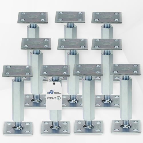 Pfostenträger höhenverstellbar (10 Stück) Boden/ Trägerplatte 80 x 80 x 5 mm Stützenfuß Stützfuß Bodenfuß Betonfuß mit Gewindemuffe verstellbar, Rechts-Linksgewinde