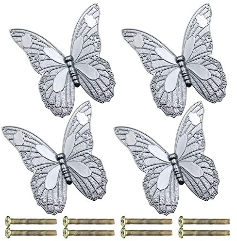 Yangshine 4 Stück Retro-Schmetterlings-Türknäufe, dekorativer Schrank-Metallknopf für Zuhause, Schrank, Schubladen, Kleiderschrank, 32 mm Lochabstand, Silber