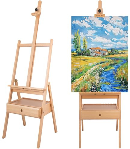 Somime Large Wooden H-Frame Studio Easel, Solid Beechwood Easel Stand with Storage Drawer, Height Adjustable to 35Inches High, Suitable for Painting, Sketching and Displaying, Natural