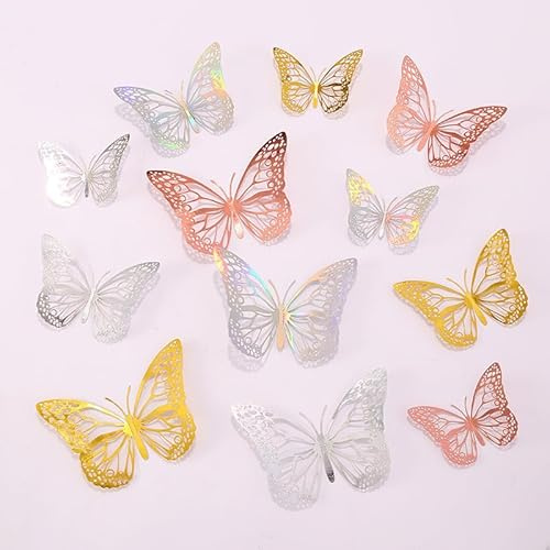 3D Butterfly Wall Decor 48 Pcs - 4 Styles, 4 Colors, 3 Sizes - Gold Silver Laser Rose Decorations for Birthday, Party, Cake - Removable Sticker