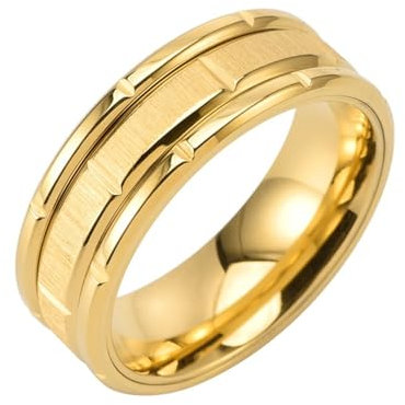 Mesnt Verlobungsring Edelstahl, 8MM gebürsteter Ring mit geometrischen Rillen aus Edelstahl für Herren Damen Gold, Größe 52 (16.6)