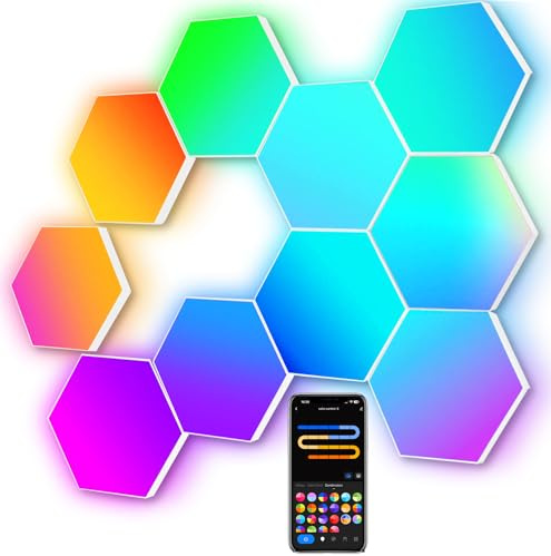 Hexagon LED Panel Große, Smart Home Gaming LED Sechseck Wandleuchte RGBIC Funktioniert mit Alexa Google Assistant, Sprach-/App-Steuerung, Musik-Sync, DIY Zimmer Deko für Gaming Wohnzimmer, 10 Paneele