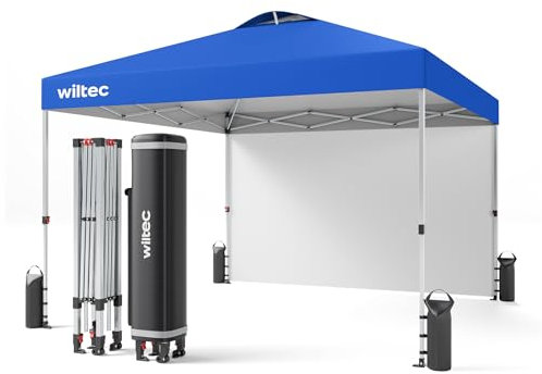 Wiltec Gazebo pieghevole pop-up blu, 3 x 3 m con parete laterale e ruote
