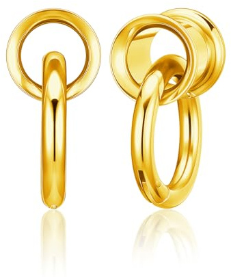 PiercingJak Ohr Flesh Tunnel Double Flared Plug mit Ringen Edelstahl Gewichte Ohrhänger für Gestreckte Expander Ohrpiercing Damen Männer Ohrplugs 8mm 10mm 12mm 14mm Punk Schmuck, 1Paar