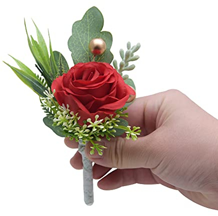 SYSUII Boutonniere Hochzeit Rose - 6 Stück Rose Boutonniere Ansteckblume Hochzeit Braut Rose Blumen Anstecker Hochzeitsbrosche für Braut Brautjungfer Gäste Herren Damen Party -Rot