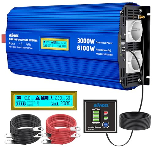 GIANDEL Inversor de Corriente 3000W Onda Sinusoidal Pura Compatible con LiFePO4 Convertidor 12V 220V 230V con Ajuste del umbral de Apagado por subtensión de Entrada DC para Coche Caravana camión
