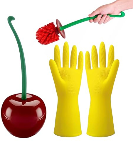 1 Piece Cherry Toilet Brush Set - Includes Gloves, Holder, Novelty Design - Bathroom Use