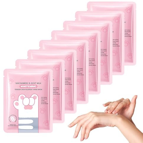 Ziegenmilch Handmaske, Hydrierende Handmasken, über Nacht feuchtigkeitsspendende Handschuhe für trockene und rissige Hände, Hand Peel Maske verjüngt und repariert rauhe Handhaut, 8 Stück (01)