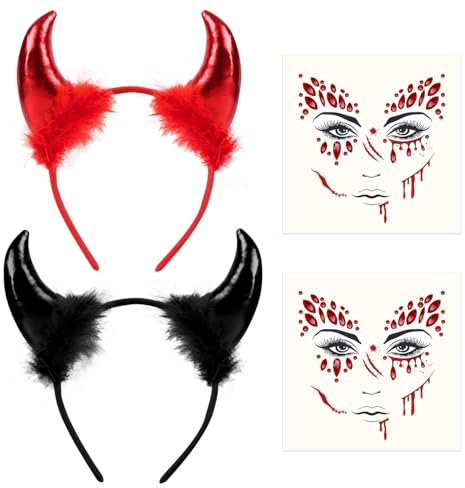 iZoeL ZoeL 2Stk Haarreifen Teufelshörner Teufelsohren Teufel Tattoos Teufel Kostüm Accessoire, Damen Kinder Faschingkostüme Karneval Mottoparty Halloween Kostüm