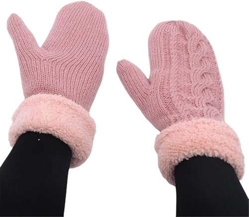 JINZIJINYU Strickhandschuhe Damen Gefüttert Gestrickte Wollhandschuhe Set Für Herren Und Damen Herbst Und Winter Outdoor Winddicht Warm Verdickt Fäustling Für Erwachsene Plus Samthandschuhe Rosa