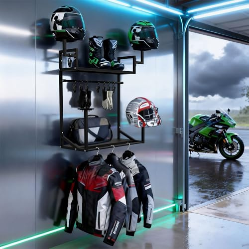 Anvuda Heavy Duty 4-Helmet Wall Mount, Pure lron 2-Tier Motorcycle Helmet Rack with 8 Clips,55x30x65cm Wall Organiser for Motorbike,Football,Rugby & Sports Gear Storage
