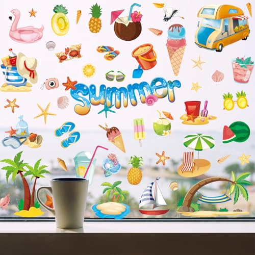 Fensterbilder Selbstklebend Sommer Deko, 134Stück Strand Frucht Badeanzug Aufkleber Fenstersticker, Doppelseitig Bedruckte Sommer Fensterbilder für Fensterdeko Kinderzimmer Geschäft Schule Party