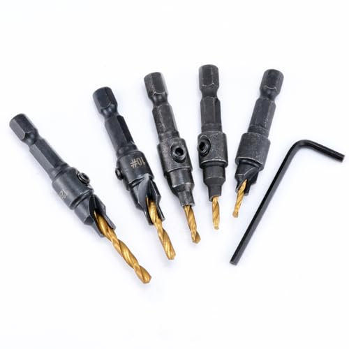 HOHXEN Juego de Brocas Avellanadoras 4 Piezas, Brocas Avellanadoras Revestidas de Titanio con 1 Llave Hexagonal, Herramientas para Trabajar la Madera con Mango Hexagonal de 1/4'' -(#6,#8,#10,#12,#14)