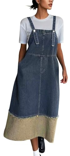 Vhersily Donna Lunga Vestito Salopette di Jeans Senza Maniche Denim Vestiti Overall, Moda Primaverile Ed Estiva, Denim Cargo Vintage A-Line Gonne di Media Lunghezza, da Tasca Oversize