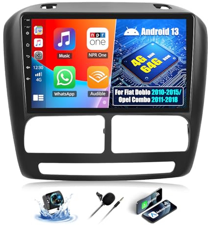 OiLiehu 4+64GB Android 13 2 DIN Carplay Android Auto para Fiat Doblo 2010-2015/Opel Combo 2011-2018 Pantalla Radio Coche 9 Pulgadas con Mirror Link Bluetooth FM/RDS GPS WiFi EQ Camara Marcha Atras
