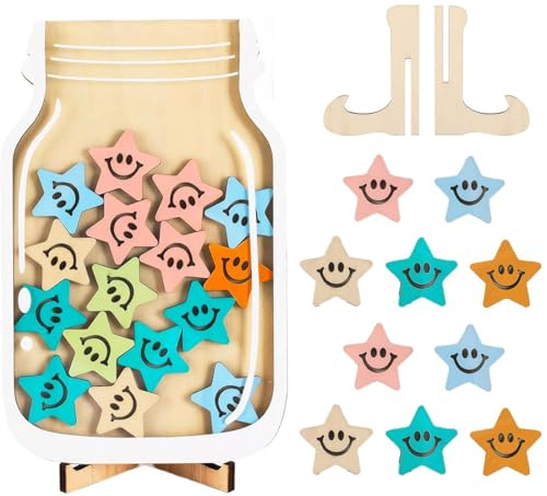 WUSJCOF Belohnungssystem Kinder Belohnungsglas mit 25 Sternen, Holz Sterne Glas für Klassenzimmer und Zuhause, Anreizglas für Gutes Verhalten Schule und Familie (Lächelnde Sterne)