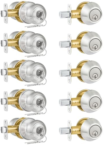 Plustool 5 Pack Entry Door Lock and Single Cylinder Deadbolt Combo Set, Keyed Alike Satin Nickel Exterior Door Knobs with Lock&Keys, Round Ball Door Locksets with Deadbolt for Entrance and Front Door