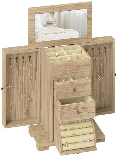 HOMCOM Schmuckkästchen Holz Schmuckschatulle mit 4 Ebenen Spiegel Braun | Schmuckkasten, Schubladen, Seitliche Klapptüren, Schmuckbox für Ringe, Ohrringe