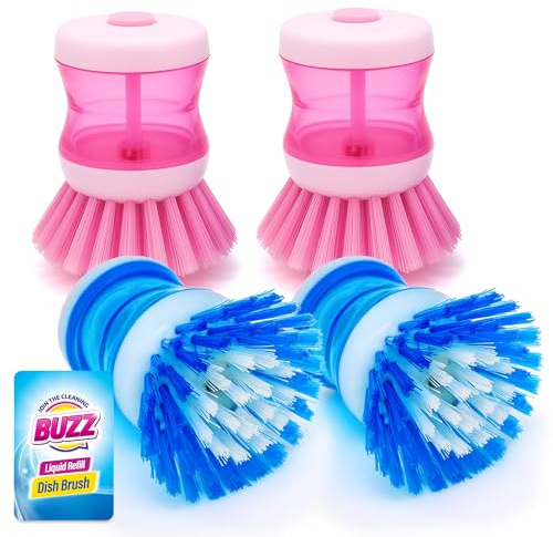 Buzz 4pk Washing Up Brush with Liquid Dispenser, Soap Dispensing Palm Scrub for Dishes and Pans, Compact Dishwashing Tool with Durable Bristles for Kitchen Sink Cleaning and Daily Scrubbing
