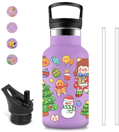 Gourde Enfant, 350ml Gourde Isotherme, Bouteille d'eau sans BPA, Bouteille Reutilisable avec Paille, 18/8 Acier Inoxydable, Garçons&filles, pour École, Camping, Voyage, Bureau