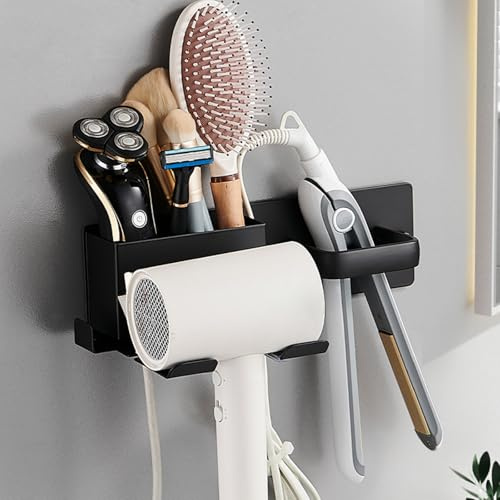 HOHOWU Hair Dryer Holder,Stainless Steel Wall Mounted Blow Dryer,Curling Iron,Straightener Holder Bathroom Metal Hair Tool Organizer Rack- Black