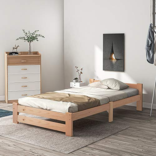 Mengtu Solide Massivholzbett Futonbett Massivholz Natur Bett aus mit Kopfteil und Lattenrost, Natur (200x90cm) Möbel, Schlafzimmermöbel, Bett, Bettgestell und Untergestell WF197844NAA