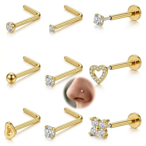 AceFun 9 Stück Nasenpiercing L Form Nasenstecker Flat Back 18G Vergoldet 316L Edelstahl Zirkonia Herz Kugel Piercingschmuck für Damen Herren Nasenlöcher Tragus Helix