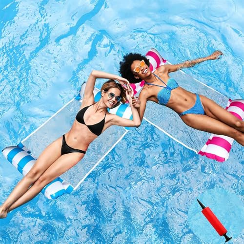 2 Stück 4-in-1 Aufblasbare Wasserhängematte Luftmatratze für Pool mit Manueller Luftpumpe – Blaue & Pinke Schwimmbett Robustes Netz für Erwachsene Strand und Schwimmbad