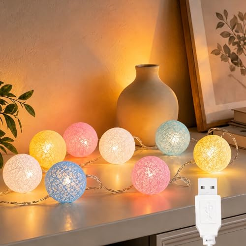 ZingBox Baumwollkugeln Lichterkette, 2 m 10 LED Macaron Cotton Ball Lichterkette, Kugeln USB, Bunte Bälle, Cotton Ball Lichterketten Innen für Kinderzimmer, Weihnachten, Hochzeit, Party, Garten Deko