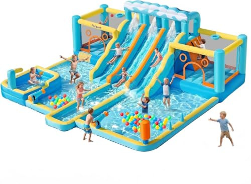 FBSPORT Hüpfburg & Wasserrutsche, 10-in-1 Wasserpark mit 3 Gleiten, 2 Sprungzonen & Kletterwand, 950W Gebläse, Gartenanlage mit Wasserwaffe, Planschbecken & Spielzubehör