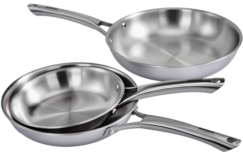 ROVSUN Set di Padelle in Acciaio Inox Triplo Strato, Pentole e Padelle Induzione Senza PFOA e PTFE, Stainless Steel Pan per Gas, Forno e Piastra a Induzione
