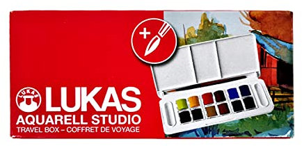 LUKAS AQUARELL STUDIO, Aquarellfarben in Premium-Qualität, Set mit 12 x 1/2-Aquarellnäpfchen in der praktischen Travelbox