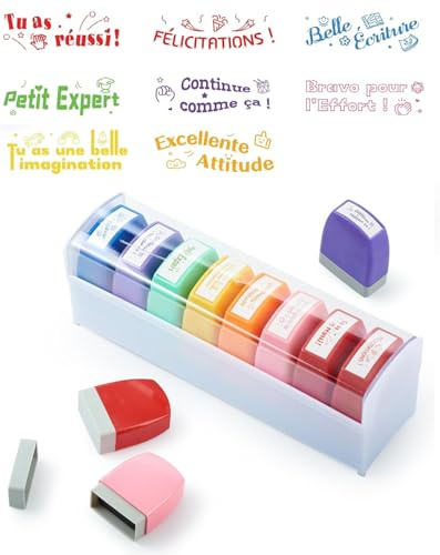LAOYE Tampons Enseignants Français 8PCS Tampon Auto Encreur pour Cadeau Professeur Tampon Ecole Avec Boîte pour Encourager Élèves