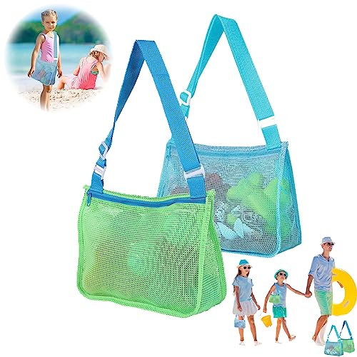 Darryy Strandtasche Strandspielzeug Tasche, 2 Stück Sandspielzeug Netztasche, Tasche für Sandspielzeug, Netztasche mit Reißverschluss und Verstellbaren Schultergurten zum Spielen am Strand (Blau+Grün)
